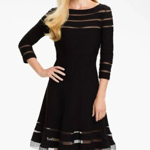 Tadashi Shoji Mesh Panel Jersey Boatneck Cocktail Dress Black Large 3/4 Sleeve - Picture 1 of 9
